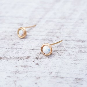Wire Wrapped Stud Earrings, Opal Stud Earrings, White Opal Stud Earrings, Tiny Stud Earring, Gift For Friend, Gold Filled 14k Studs, Dainty