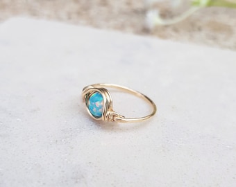 Blue Green Opal Ring,Rose Gold Opal Ring,Wire Wrapped Ring,Dainty Opal Ring,Gemstone Ring,Blue Ring Opal,Gold Ring,Blue Green Stone