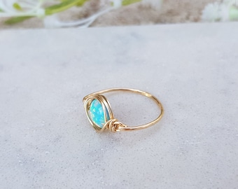 Turquoise Opal Ring, Gold 14k Opal Ring, Opal Gold Ring, Wire Wrapped Ring, Dainty Opal Ring, Natural Stone, Turquoise Stone Ring