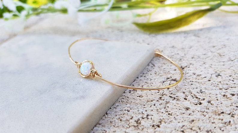 14K Gold Filled Bracelet,White Opal Bracelet,Tiny Opal Bracelet,Simple Dainty Gold Bracelet,Minimalist Gold Bracelet,Cuff Bracelet,Delicate image 2