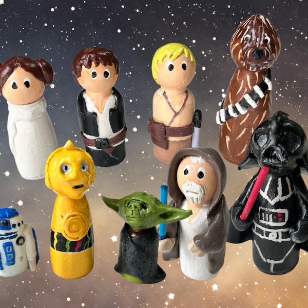 Unique Polymer Clay/Wood Peg Doll.  Star Wars inspired  Collectables Cake toppers Keepsake.Luke Hans,Leia,Chewy,Obiwan,Darth,R2D2,C3P0,Yoda