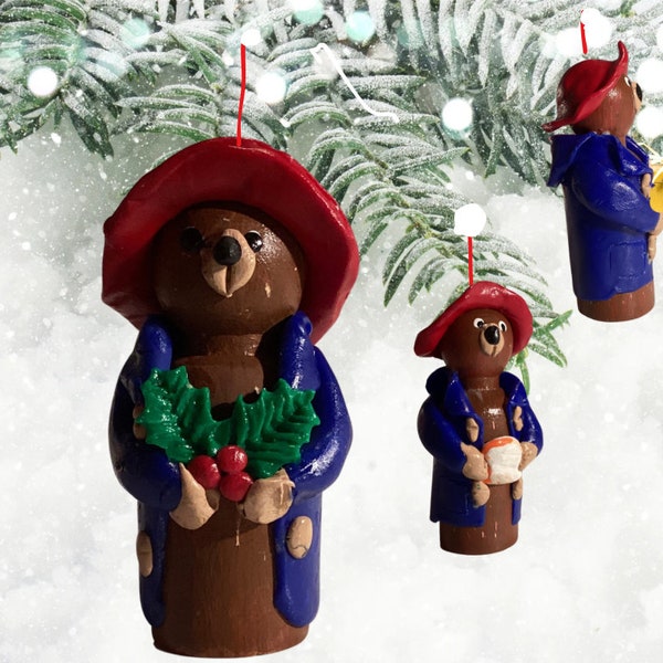 Unique Handmade Polypeg Art Paddington Bear Christmas Tree decoration.  Set of three. Free Shipping in Canada