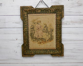 old carved patinated frame romantic tapestry gallant scene 19th old carved wooden frame