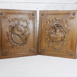 2 old carved wooden panels countryside wine vine harvest wheat old carved wooden panel alte geschnitzte Holzplatte