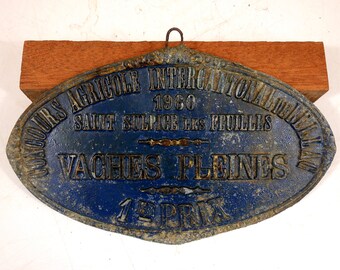 Ancienne Plaque De Concours Agricole Ovale – 1er Prix, Octeville Sur Mer, Vache Laitière – Original France