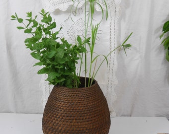 basket bourgne braided straw basketry cache pot antique french wabi-sabi