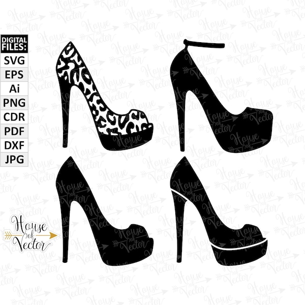 High Heel silhouette SVG clipart. Shoe vector digital download files. Ladies heels clipart Dxf, EPS, Ai, cdr.  Printable Jpg, Pdf, PNG