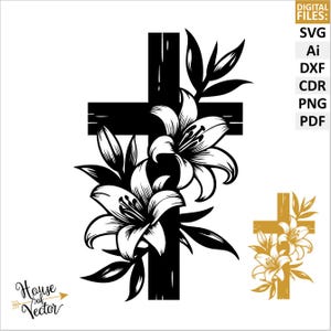 Arquivos digitais para download de cruz e lírios SVG, Ai, DXF, Cdr, PNG, Pdf. Clip art vetorial. Para cricut, papercut, laser. Clip art cristão.
