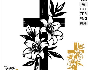 Cross and lilies digital download files SVG, Ai, DXF, Cdr, PNG, Pdf. Vector clip art. For cricut, papercut, laser. Christian clip art.