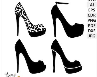 High Heel silhouette SVG clipart. Shoe vector digital download files. Ladies heels clipart Dxf, EPS, Ai, cdr.  Printable Jpg, Pdf, PNG
