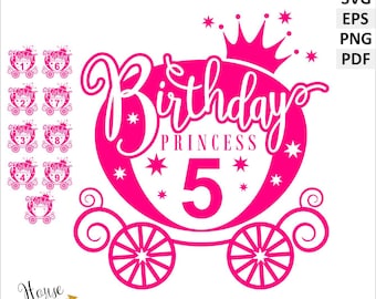 Birthday Princess SVG, Crown, Carriage Clip Art (Digital Download). Numbers from 1-9 vector digital download files. Kids birthday DIY