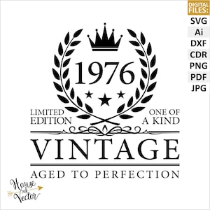 Archivos vectoriales SVG de estilo vintage de 1976 para 50.º cumpleaños. Archivos recortables para cumpleaños, descargas digitales divertidas para cumpleaños. PDF y PNG imprimibles.