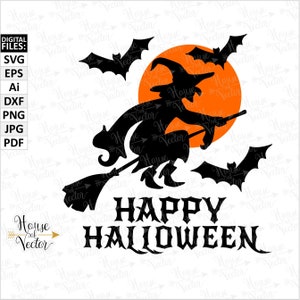 Happy Halloween, Witch clipart SVG, EPS, Ai, png. Halloween vector digital download file. Silhouette clipart. Printable Jpg and Pdf files