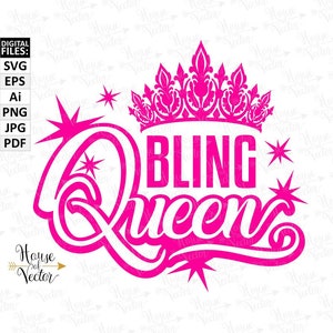 Bling Queen SVG, Ai, PNG, EPS, Pdf, Jpg clipart numérique. Fichiers vectoriels à téléchargement numérique Couronne/diadème, étoiles et mots Bling Queen.