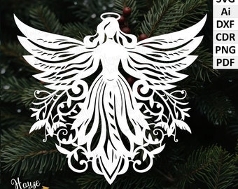 Christmas Angel ornament, digital download files SVG, Ai, DXF, Cdr, PNG, Pdf. Vector clip art. For cricut, papercut, laser. Angel clip art.