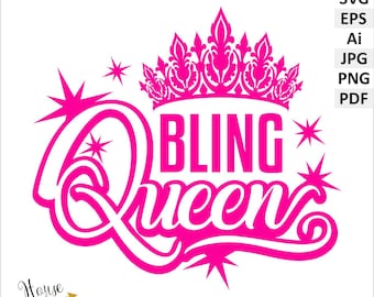 Bling Queen SVG, Ai, PNG, EPS, Pdf, Jpg digital clip art. Crown / tiara, stars and words Bling Queen vector digital download files.