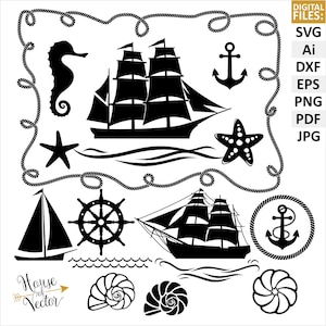 Peut inclure: Ensemble d'images clipart nautiques en noir et blanc comprenant un voilier, un navire, une ancre, une étoile de mer, une coquille, un volant et un hippocampe.