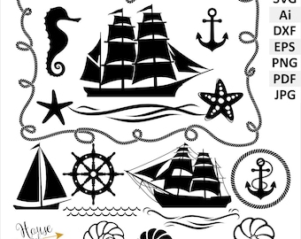 Nautical clip art, ship, boat, helm, anchor, seahorse, starfish, seashell SVG, DXF, Ai, EPS vector files, Printable Pdf, png, jpg. Cricut
