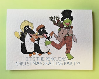 Muppet Christmas Carol Penguins Skating Party A6 Grußkarte mit Umschlag