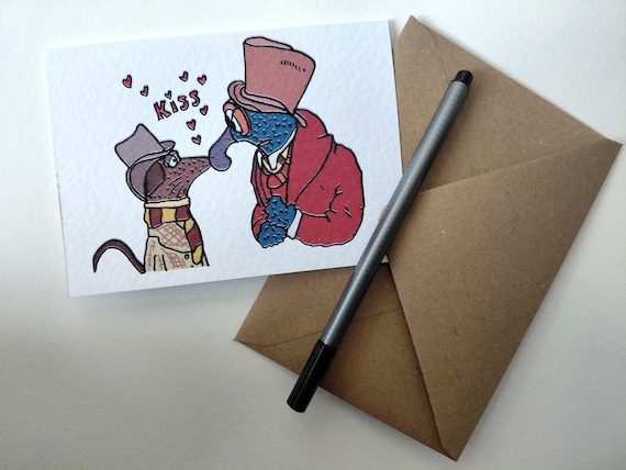 Muppet Christmas Carol - Rizzo kissing Gonzo, A6 greeting card with envelope