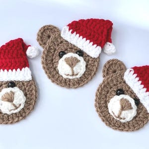 Crochet Santa Teddy Appliqués, 1 Large Teddy Motif, Christmas Decor, Crochet, Brown Bear, Santa  Hat Bear, Santa Bear Motif
