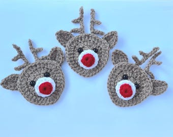 Crochet Reindeer Appliqué, 1 Brown Reindeer Motif, Embellishments, Sewing, Crochet, Reindeer Motif,  Crochet Reindeer, Christmas Motif