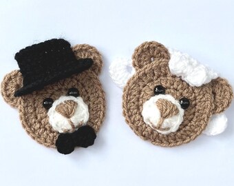 Crochet Bride And Groom Teddy Appliqués, 2 Large Teddy Motifs, Christmas Decor, Crochet, Brown Bear, Wedding Decor, Mr And Mrs Motif