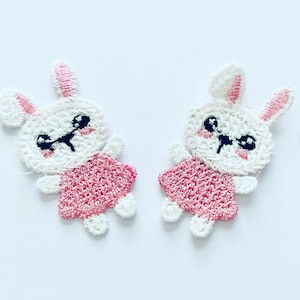 Embroidered Bunny Appliqués, 2 Cute Bunny Motifs, Embellishments, Sewing, Crochet, Rabbit Motif, Baby Colours, Pink And White Bunny Motifs