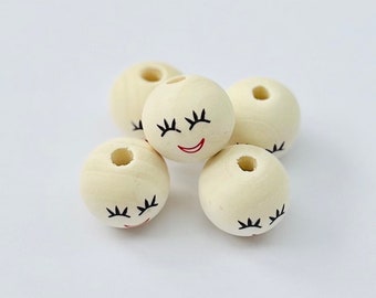 Smile Face Wood Beads, 5 Doll Face Wooden Beads, 20mm Doll Head Beads With 4~5mm Hole, Spacer Beads, Loose Wooden Beads, Crafts, Ornaments