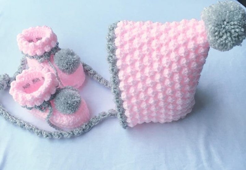 Pom Pom Booties Baby Shower Gift Baby Girl Gift Set Baby Photo Prop Pink Baby Girl Gift New Baby Girl Gift Crochet Baby Pixie Bonnet