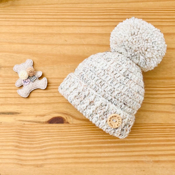 Beige Baby Hat, Baby Crochet Hat, Baby Hat, Baby Photo Prop, Baby Shower Gift, Baby Pom Pom Hat, How Cute Am I, New Baby Hat, New Baby Gift