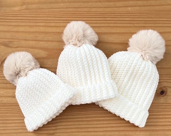 Cream Baby Hat, Baby Crochet Hat, Ribbed Baby Hat, Baby Photo Prop, Baby Shower Gift, Faux Fur Pompoms, New Baby Gift, Pregnancy Reveal