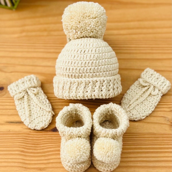 Brown Baby Gift Set, Baby Crochet Hat, Baby Crochet Booties, Crochet Baby Mittens, Baby Photo Prop, Baby Shower Gift, Pregnancy Reveal