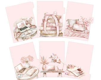 Planner Tab Dividers: Pink Desk Theme, A5 A6 Pocket Size (Set of 6)