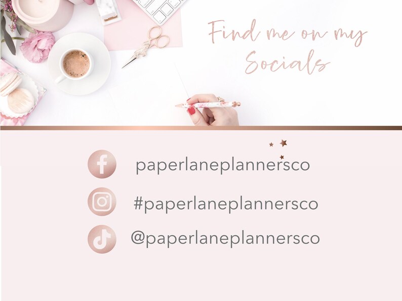 May include: A pink and white background with gold accents features social media icons for Facebook, Instagram, and TikTok. The text "Find me on my Socials" is written in a pink script font. The text "paperlaneplannersco" is written in black font below each icon.