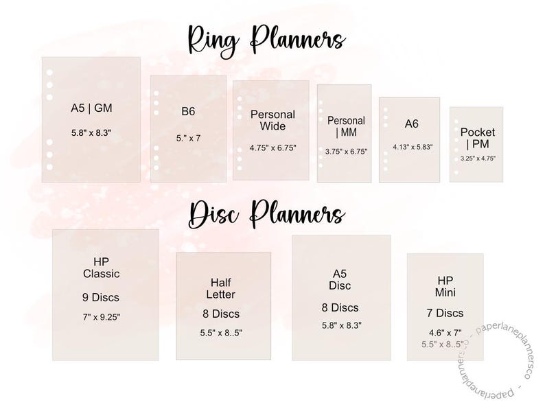 May include: A chart showing the different sizes of ring and disc planners. The chart includes the names of the sizes, such as A5, B6, Personal Wide, and Personal MM, as well as the dimensions of each size in inches. The chart also includes the names of the different types of disc planners, such as HP Classic, Half Letter, A5 Disc, and HP Mini, as well as the number of discs and the dimensions of each type in inches.