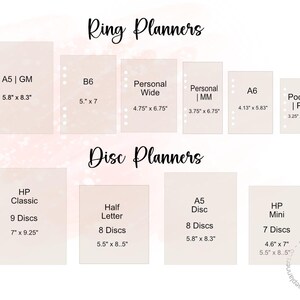 May include: A chart showing the different sizes of ring and disc planners. The chart includes the names of the sizes, such as A5, B6, Personal Wide, and Personal MM, as well as the dimensions of each size in inches. The chart also includes the names of the different types of disc planners, such as HP Classic, Half Letter, A5 Disc, and HP Mini, as well as the number of discs and the dimensions of each type in inches.
