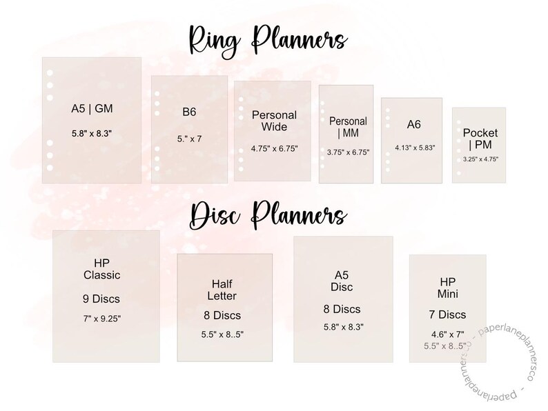 May include: A chart showing the different sizes of ring and disc planners. The chart includes the names of the sizes, such as A5, B6, Personal Wide, and Personal MM, as well as the dimensions of each size in inches. The chart also includes the names of the different types of disc planners, such as HP Classic, Half Letter, A5 Disc, and HP Mini, as well as the number of discs and the dimensions of each type in inches.