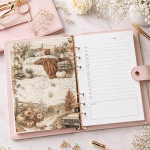 May include: A pink six-ring binder planner featuring a decorative insert with a cozy bedroom scene, pumpkins, and a vintage truck. The right page includes a daily schedule with hourly slots from 7:00 to 9:00 and a dedicated notes section at the bottom.