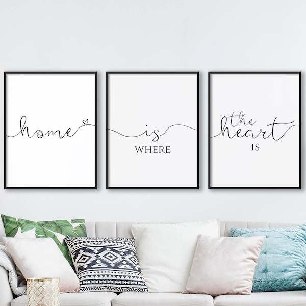 Home is Where the Heart is Set of 3 Prints, Printable Quote Poster, Home Decor Print, Living Room Wall Art, Modern Minimalist Lettering Art