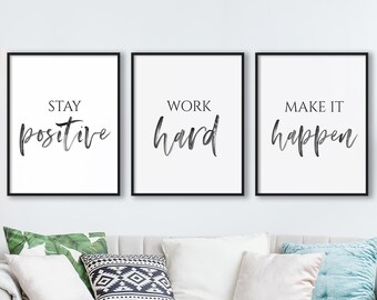 Stay Positive Work Hard Make it Happen Quote Poster Bundle, Set of 3 Prints, Modern Minimalist Lettering Art Watercolor, Home Office Art