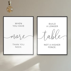 May include: Two black framed prints with white text on a white wall. The left print reads "When you have more than you need." The right print reads "Build a longer table, not a higher fence."
