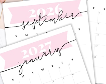 Calendar 2026-2027 PRINTABLE Desk Calendar for Wall Pink Calendar Planner Insert Printable Calendar Instant Download Monthly Planner Refills