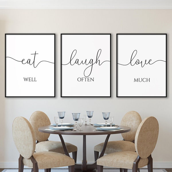 Eat Well Laugh Often Love Much Quote Print, Set of 3 Prints, Printable Poster Set, Inspirational Quote, Living Room Art, Dining Room Decor