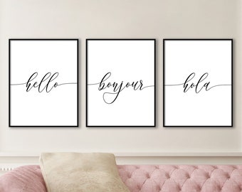 Hello Bonjour Hola Quote Print Triptych, Set of 3 Printable Posters, Home Signs, Entryway Wall Decor, Greetings Print, Guest Decor