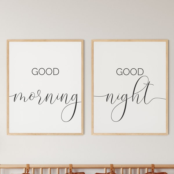 Good morning good night Print, Bedroom Wall Art Diptych, Bedroom Quote, Above Bed Decor, Above Bed Sign, Printable Poster Set of 2 Pieces