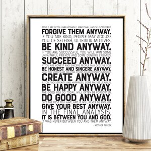 Mother Teresa Printable Quote Forgive Them Anyway, Motivational Quote, Inspirational Art, Wall Art Decor, Printable Poster, Instant Print image 1