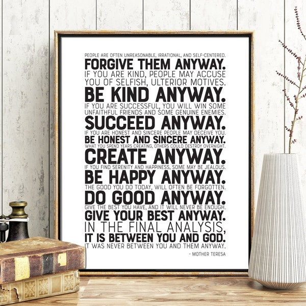 Mother Teresa Printable Quote Forgive Them Anyway, Motivational Quote, Inspirational Art, Wall Art Decor, Printable Poster, Instant Print