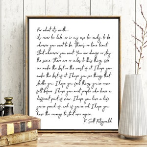 Scott Fitzgerald Poem Print For What it&#39;s Worth Quote Print Poetry Poster Printable Art Inspirational Quote Wall Art Decor Instant Download