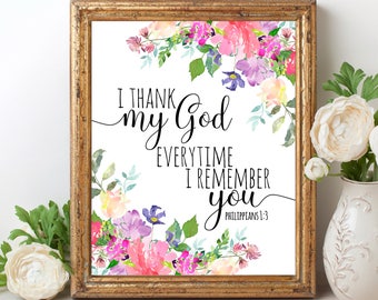 I Thank My God Every Time I Remember You PRINTABLE Bible Verse Wall Art Christian Home Decor Philippians 1:3 Christian Gifts Scripture Gifts